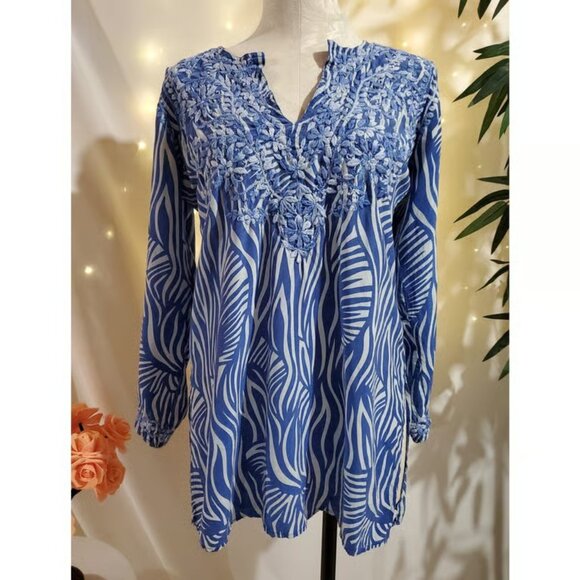 Amaya 100% Silk Split Neck Embroidered Tunic Womens Size 38 US S Stripe Top - Picture 1 of 6